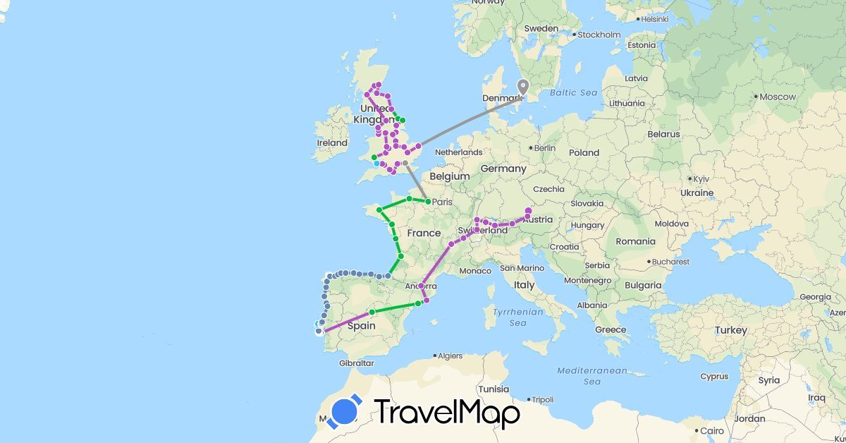 TravelMap itinerary: driving, bus, plane, cycling, train, boat in Andorra, Austria, Switzerland, Denmark, Spain, France, United Kingdom, Liechtenstein, Portugal (Europe)